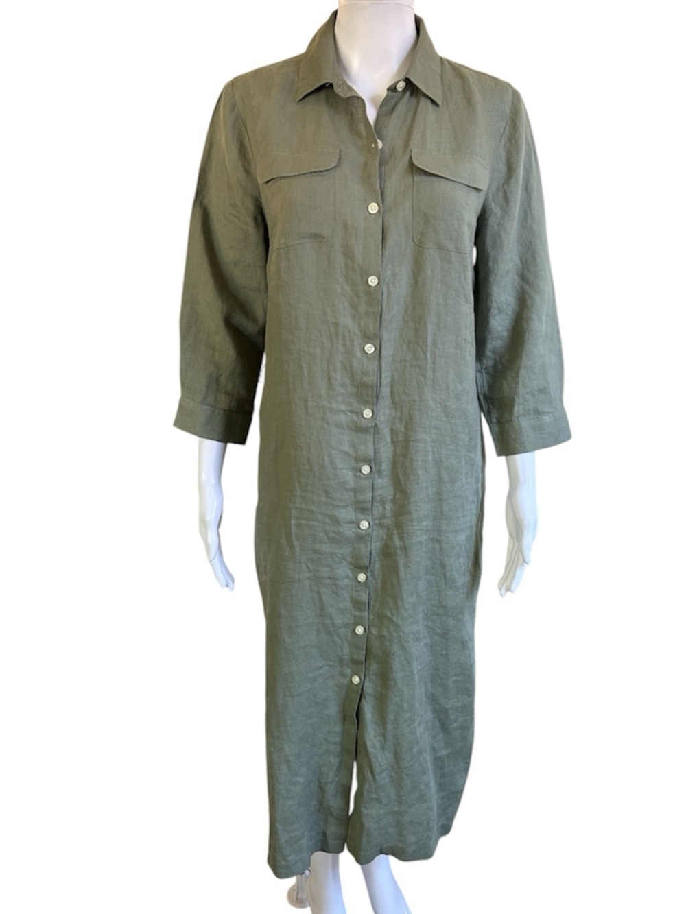 ▶️ Talbots 100% Linen Shirt Dress Olive Green Midi Maxi Button Front MP